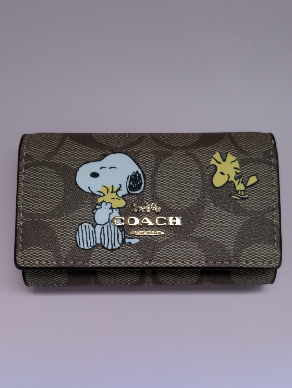 Coach X Peanuts 5 Key Case Wallet In Signature Canvas Snoopy Woodstock Print